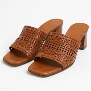 Sesto Meucci Tan Leather Woven Block Heel Slides Womens Size 7.5 N